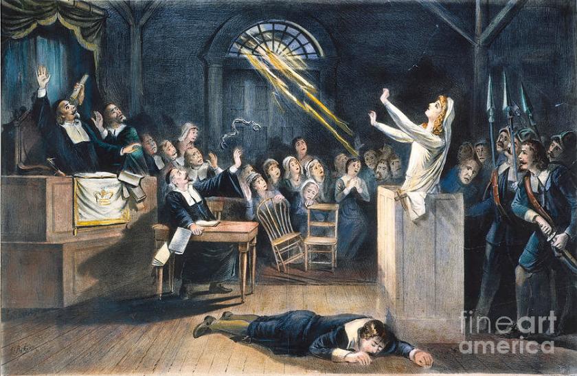Fanciful representation of the Salem witch trials, lithograph from 1892