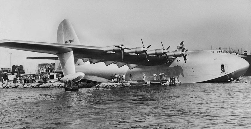 The Spruce Goose, Howard Hughes' experimental wooden airplane, floats in Long Beach Harbor, Nov. 2, 1947.