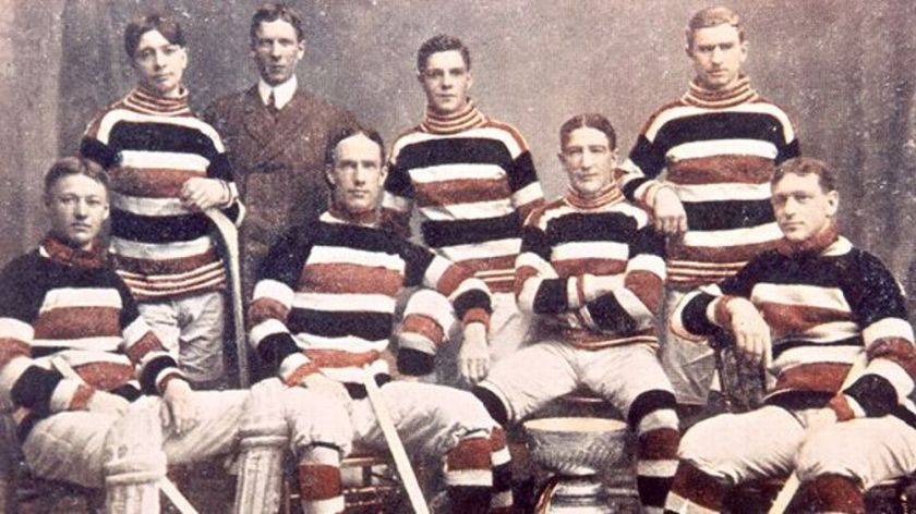The Ottawa Silver Seven, forerunners of the Senators, with the Stanley Cup in 1905, around the time that one of them is said to have kicked the trophy into the Rideau Canal.