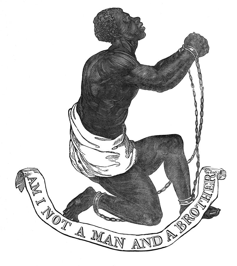 medallion created as part of anti-slavery campaign by Josiah Wedgwood, 1787 - it depicts a Black slave, shackled, on one knee with the caption: "Am I Not A Man And A Brother?"
