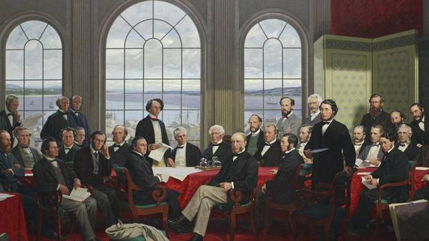 Painting of 'The Fathers of Confederation' on display in the Railway Committee Room